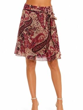 My Michelle Burgundy and Beige Paisley A-Line Skirt with Tie
